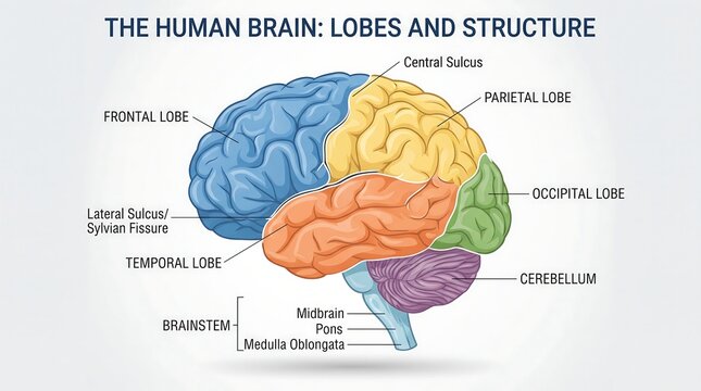 Human Brain Lobes and Structure Diagram, Educational Medical Anatomy Illustration, Neurological Brain Function Vector Chart