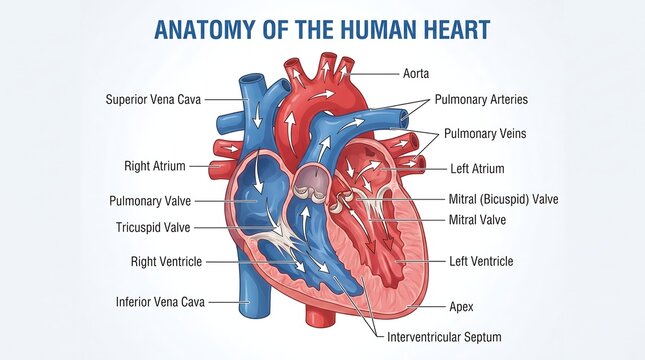 Anatomy of the human heart medical diagram, cross section showing atrium and ventricles, labeled cardiovascular system chart for education