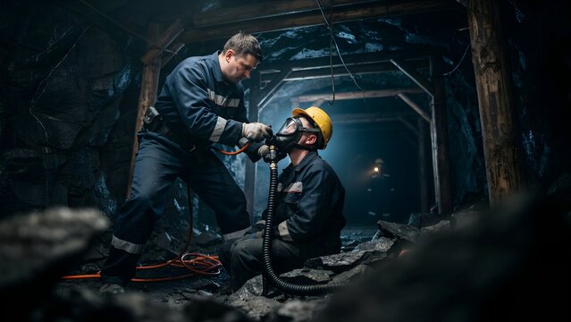 Rescue operation in underground mine with worker assisting injured colleague