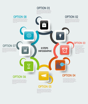 Modern 8-step circular business infographic template with colorful rounded icons, process flow, and options