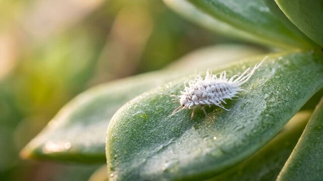 mealybug on green leaves at morning light in florida, close up video