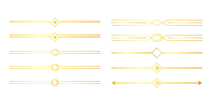 Gold deco divider line set isolated on a transparent background