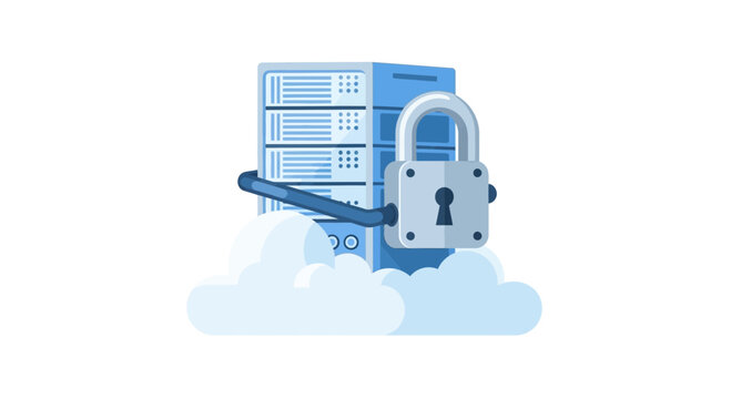 Secure Cloud Storage and Data Center Security Illustration featuring Server Rack with Padlock on Clouds