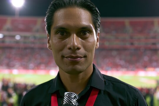 Man with checkered microphone at night stadium event