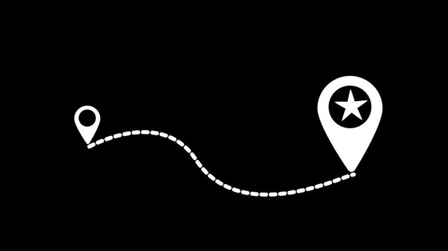 Animated map location pin with dotted path line, travel route concept, gps navigation overlay, isolated on black background