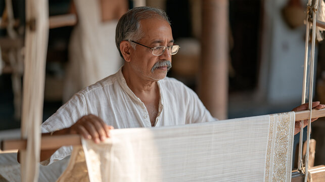A Banaras silk weaver at a Jacquard loom produces a brocade sari border with gold thread, heritage handloom, Varanasi textile craft, intricate pattern, traditional industry,