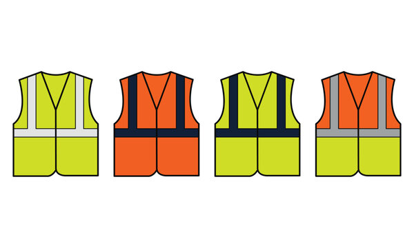 Set of four safety vests or high visibility jackets in different colors