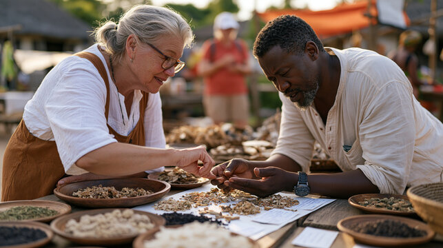 An elderly woman volunteer herbalist and a Kenyan traditional healer compare medicinal plants spread across a wooden table in an outdoor village market, indigenous medicine
