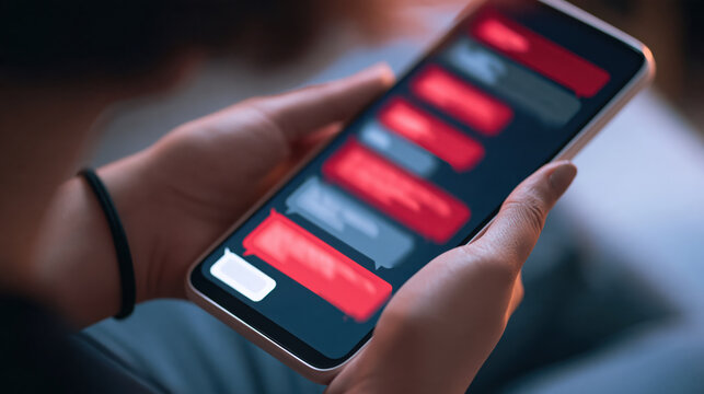 Close up of hands holding a smartphone with red chat bubbles displayed on the digital screen