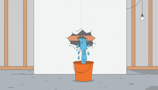 Water is leaking through a broken drywall hole into an orange bucket on the concrete floor.