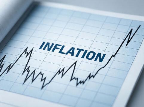 Inflation chart graph showing economic trends, rising prices, and financial market volatility on a blue grid background