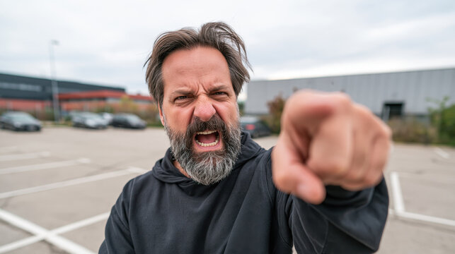 An angry man in his forties with a grey beard pointing his finger directly at the camera lens