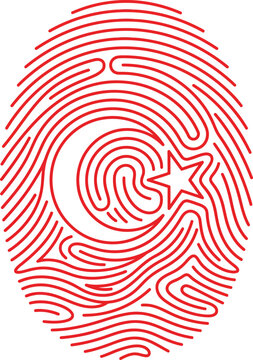 Oval fingerprint vector design incorporating red Turkish crescent and star symbol inside lines