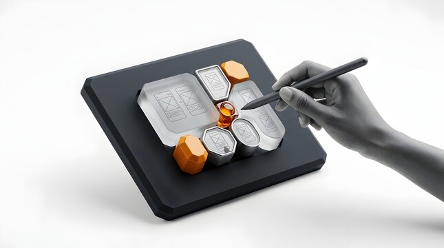 Hand using a stylus pen on a modern digital tablet featuring 3D modular app wireframes and geometric blocks, representing mobile user interface design and software development process.