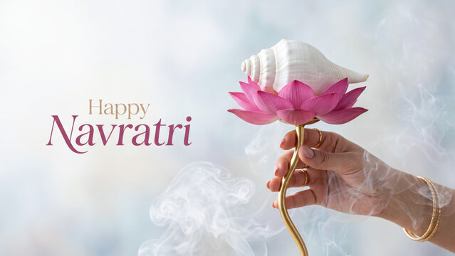 Hand holding a lotus topped with a shankha beside happy navratri lettering, devotional conch flower arrangement with incense smoke, maa durga greeting
