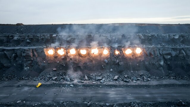 Open-pit mining operation with multiple controlled explosions and blast effects