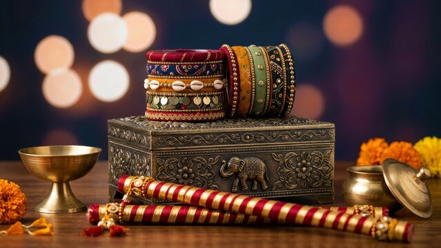 Decorated bangles on an elephant engraved box beside dandiya sticks, navratri garba accessories with marigolds, traditional festive outfit styling
