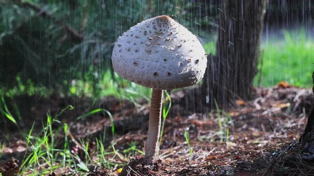 Parasol Mushroom Macrolepiota Procera Standing in Falling Rain on Pine Forest Floor With Green Grass in Background Slow Motion Nature