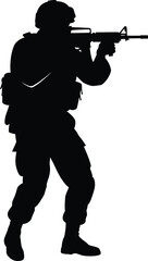 Fototapeta premium Soldier with rifle in combat stance silhouette isolated on transparent background