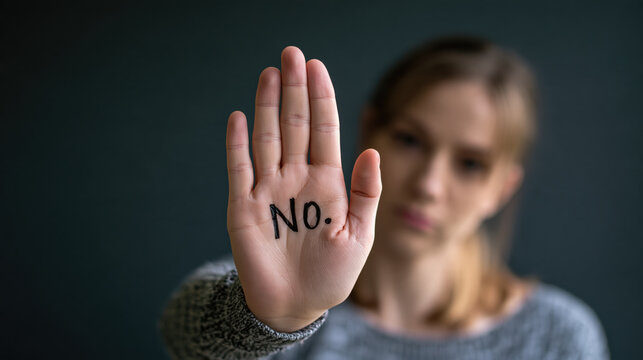 A woman holds up her palm with the word no written on it to signal a firm refusal or boundary