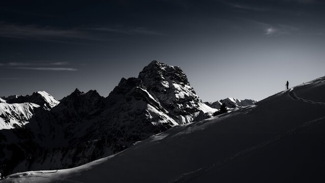 Mountaineers in front of the summit of the Gro&szlig;er Widderstein in winter, Baad, Vorarlberg, Austria