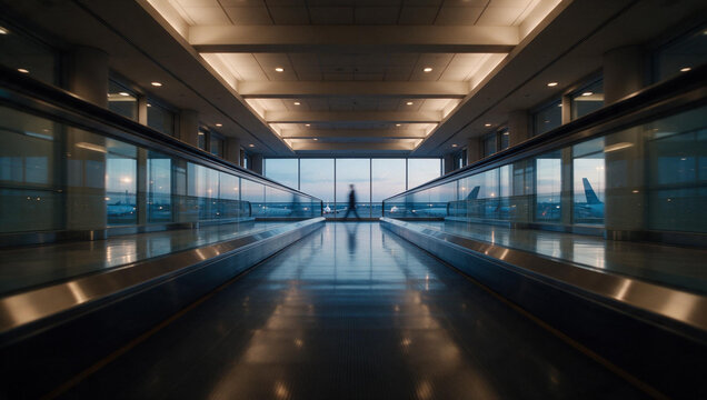 Airport Terminal Corridor with Moving Walkway and Distant Traveler