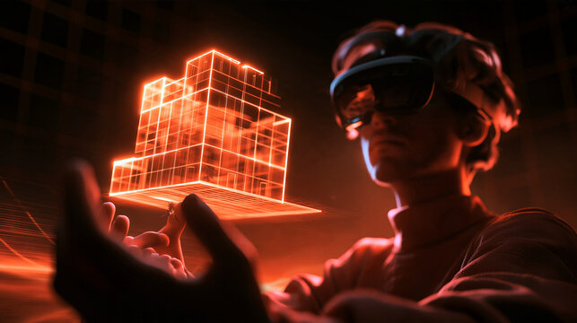 Architect Wearing VR Headset Interacting with Holographic Building Model