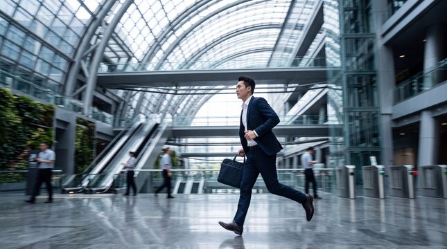 Asian Businessman Running in Modern Corporate Building Lobby