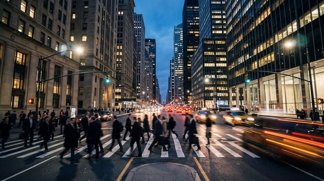 Business Commuters Crossing City Street at Rush Hour