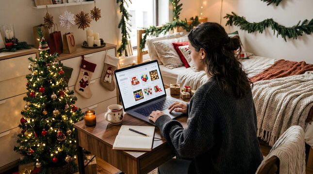 Young woman working on a laptop at home in a cozy bedroom decorated with a glowing christmas tree and festive lights during the winter holiday season