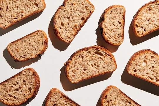 Overhead view of multigrain bread slices on a light background