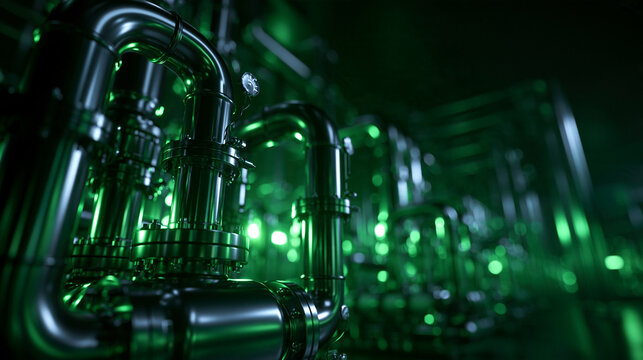 Industrial Steel Pipeline System with Green Glowing Light