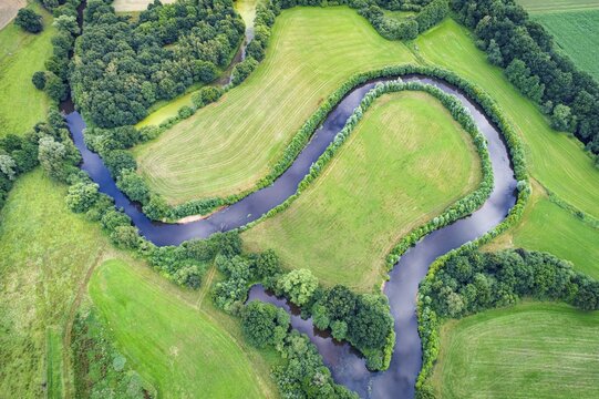 Aerial view of the Hunte river course, river, natural, Meander, Gro&szlig;enkneten, Lower Saxony, Germany