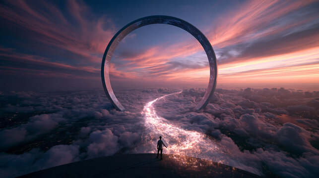 Silhouette Standing Before Futuristic Glowing Gateway in Clouds