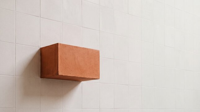 Terracotta Brick Protruding from White Tiled Wall