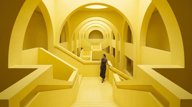 Woman Standing in Yellow Modern Architectural Interior with Arches