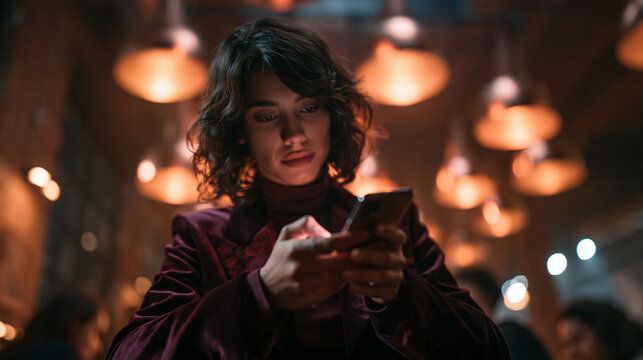 Young Woman Using Smartphone in Ambient Evening Cafe