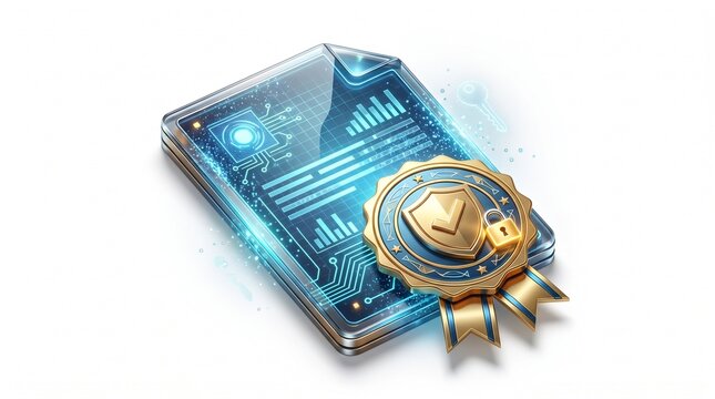 Futuristic digital certificate icon with security seal, glowing cyber data document symbol, blue lock badge illustration for web privacy