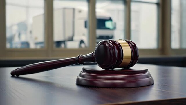 Judge's Gavel on a Wood Block with Truck in Blurred Background
