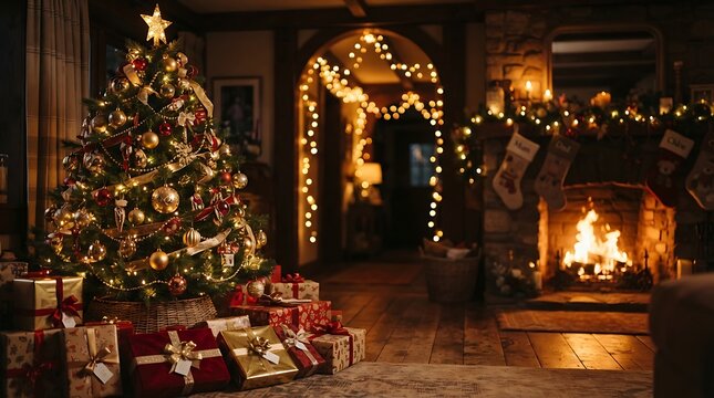 Warm and inviting christmas scene with decorated tree and cozy fireplace glow