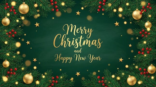 Elegant merry christmas and happy new year festive background with gold ornaments