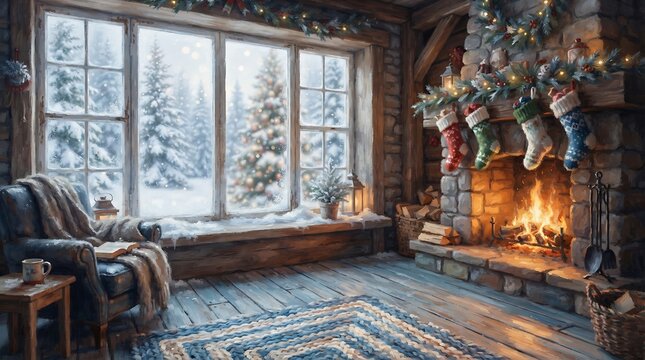 Cozy cabin interior with a snow covered landscape viewed through large windows