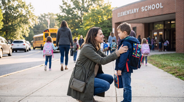 Affectionate mother talking to her son outside the elementary school building in the morning 