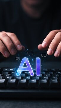 Hands hover over a computer keyboard with a glowing artificial intelligence display above artificialintelligence machinelearning