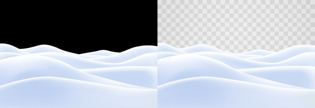 Smooth snow drifts and white winter hills overlay. 3D digital illustration of rolling snowy ground on transparent background