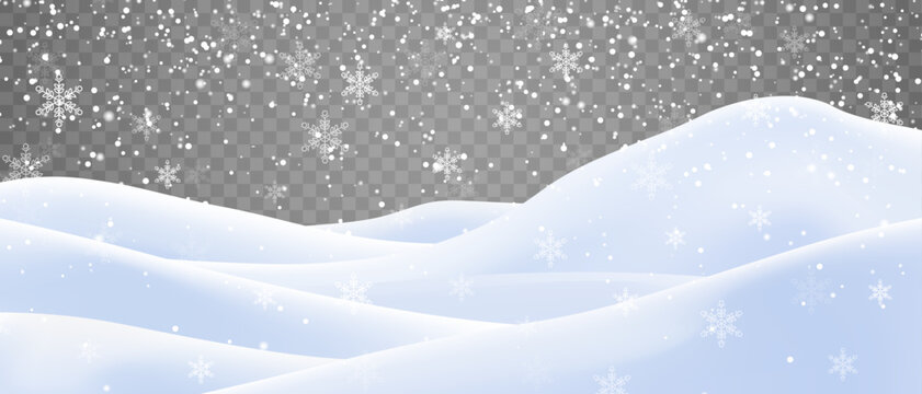 Rolling snow drifts with falling snowflakes on transparent background. Winter snowfall overlay border for Christmas banner or seasonal graphic design