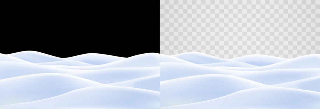 Snowdrift isolated on transparent background. Smooth white winter snow hills and mounds overlay. 3D render graphic element for seasonal design