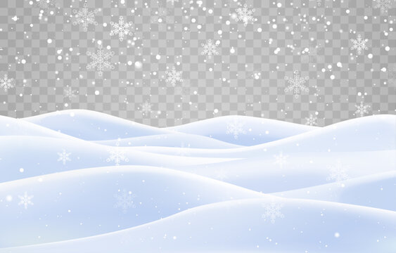 Winter snow drifts with falling snowflakes on transparent background. Snowbanks and snowfall overlay for seasonal Christmas design