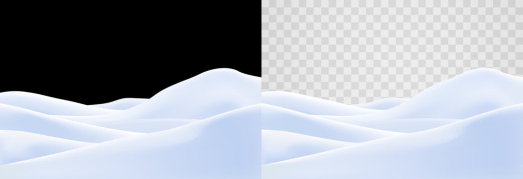 Realistic snowdrift mounds isolated on transparent background. Winter snow ground hill overlay for Christmas landscape design
