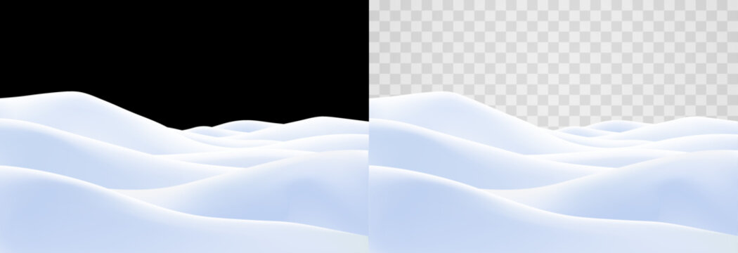 Realistic snow drifts isolated on transparent background. Winter snowy hills and snowbanks 3D render. Seasonal background element